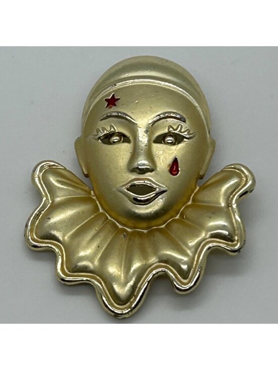 Estate Jewelry - Vintage Gold Tone Pierrot Clown Brooch With Red Star & Tear Costume Jewelry Pin